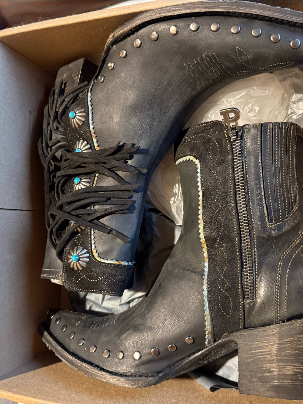 Double D Ranch Black Leather Western Fringe Ankle Boots with Turquoise Accents - Picture 7 of 11